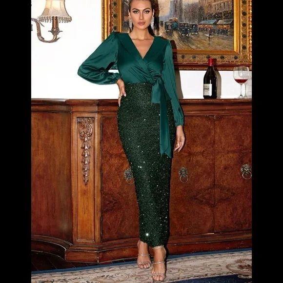 Dresses | Missord Knot Side Lantern Sleeve Contrast Sequin Split Back Formal  Dress | Poshmark